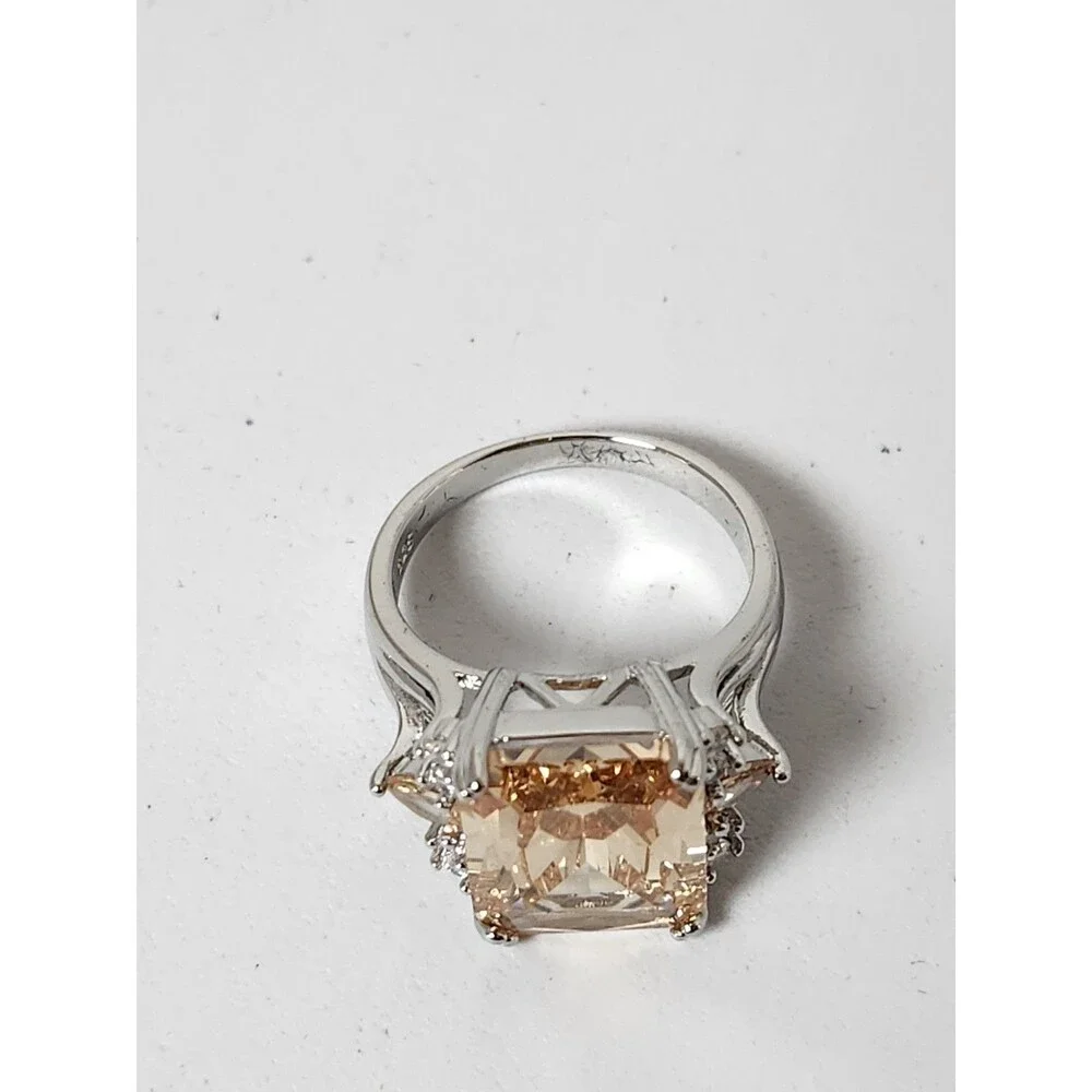 925 Sterling Silver Emerald Cut Champagne Cubic Zirconia Size 9 Ring